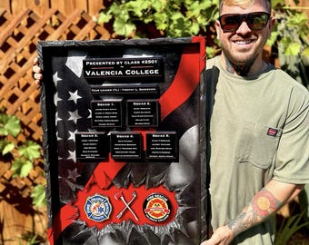CLASS GIFT - Firefighter EMS Academy Thin Red Line - Customizable Professional Wooden Flag Gift with Plaques/2 logos - Made by a Vet!