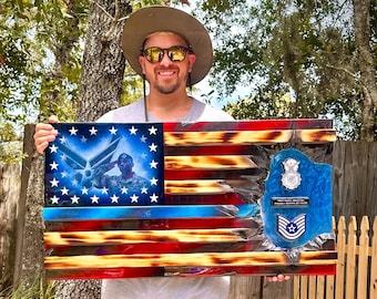 Security Forces Air Force Thin Blue Line Coin Holder Epoxy Military American Flag Coin Holder - American Flag Wall Hanging - By an Army Vet