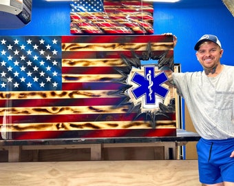 Star Of Life for EMS Flag Medical Corps Paramedic EMT Medical - Professional Wooden American Flag Gift Display - Made by an Army Veteran