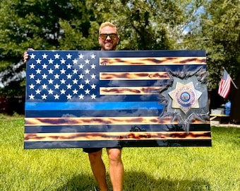 Epoxy Black & Woodgrain - Thin Blue Line Flag Patch Series - Made to Order - Custom American Flag Wall Hanging - By an Army Veteran