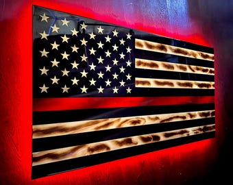 Firefighter Black & Woodgrain Thin Red Line Series - Handmade in America Wooden Flag for Firefighters - Built by an Army Veteran