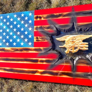 Navy Seal Trident Patch Series - Professional Wooden American Flag Gift - Customization for ETS/PCS Retirements & more.