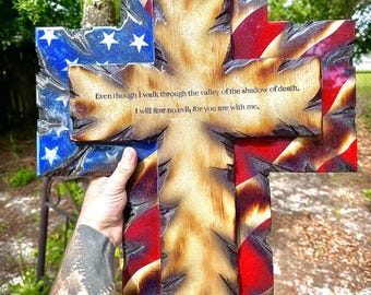 Handmade American Flag Cross - Wooden - With Verse - Made by an Army Veteran