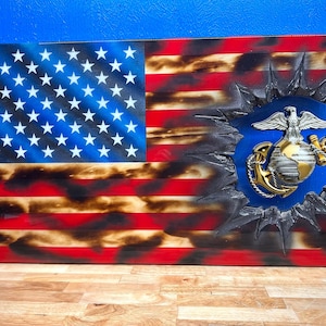 Marine Corps EGA Scorched Patch Series - Professional Wooden American Flag Gift - Customization options available USMC LIC: 615-25