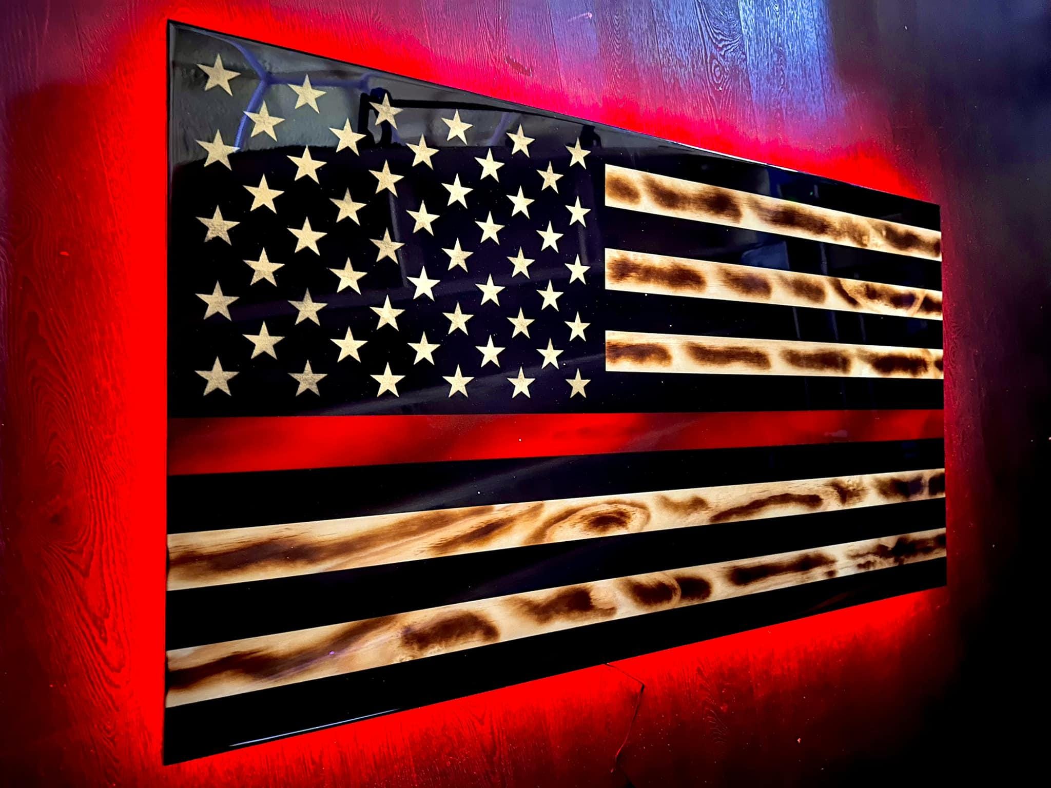 Black & Woodgrain Thin Red Line  - Professional Wooden American Flag Gift Display for Firefighters - made by an Army Veteran
