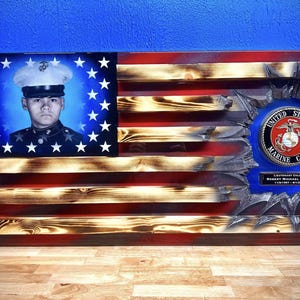 Marine Corps Patch Series Coin Holder - w/ Plaque - Professional Wooden American Flag Gift - OFFICIAL USMC LIC: 615-25