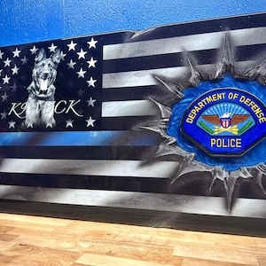 Police K9 Thin Blue Line Flag Patch Series w Photo behind the stars! - Made to Order - Custom Wall Hanging - By an Army Veteran