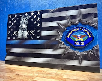 Police K9 Thin Blue Line Flag Patch Series w Photo behind the stars! - Made to Order - Custom Wall Hanging - By an Army Veteran