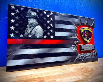 Firefighter Thin Red Line Flag - Custom Badge & Plaque additions! - Made to Order - By an Army Veteran