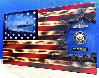 Customizable Navy Flag Patch Series - Professional Wooden American Flag Gift - Colonial - Customization for ETS/PCS Retirements & more.