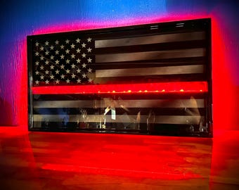 Firefighter ILLUMINATED Midnight Thin Red Line Series - Handmade in America Wooden Flag for Firefighters - Built by an Army Veteran