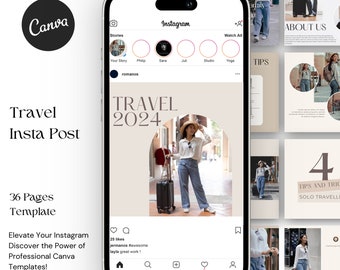 May include: A phone screen displaying a social media post about travel. The post features a woman in a white shirt and blue jeans walking down a street with a suitcase. The text on the post reads "TRAVEL 2024".