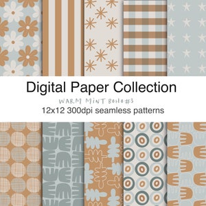 Mint BOHO paper collection, Boho muted digital paper, seamless digital paper, Boho scrapbook paper, background paper, printable paper