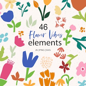 46 Abstract Floral shapes, PNG hand-drawn spring flowers, and  leaves,  bonus PNG patterns, instant download