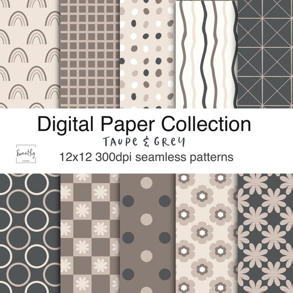 Taupe and Grey GEO pattern paper collection, Boho digital paper, seamless digital paper, scrapbook Paper, background paper