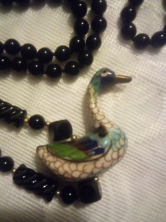 Vintage Cloisonne Duck Pendant Onyx Beaded Neckla… - image 1