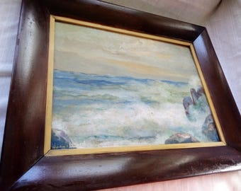 Mid Century Original Oil Painting by Listed Artist John Ter Linden Rocky Coast Seascape Dutch American NJ