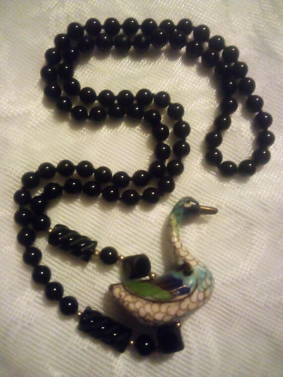 Vintage Cloisonne Duck Pendant Onyx Beaded Neckla… - image 3