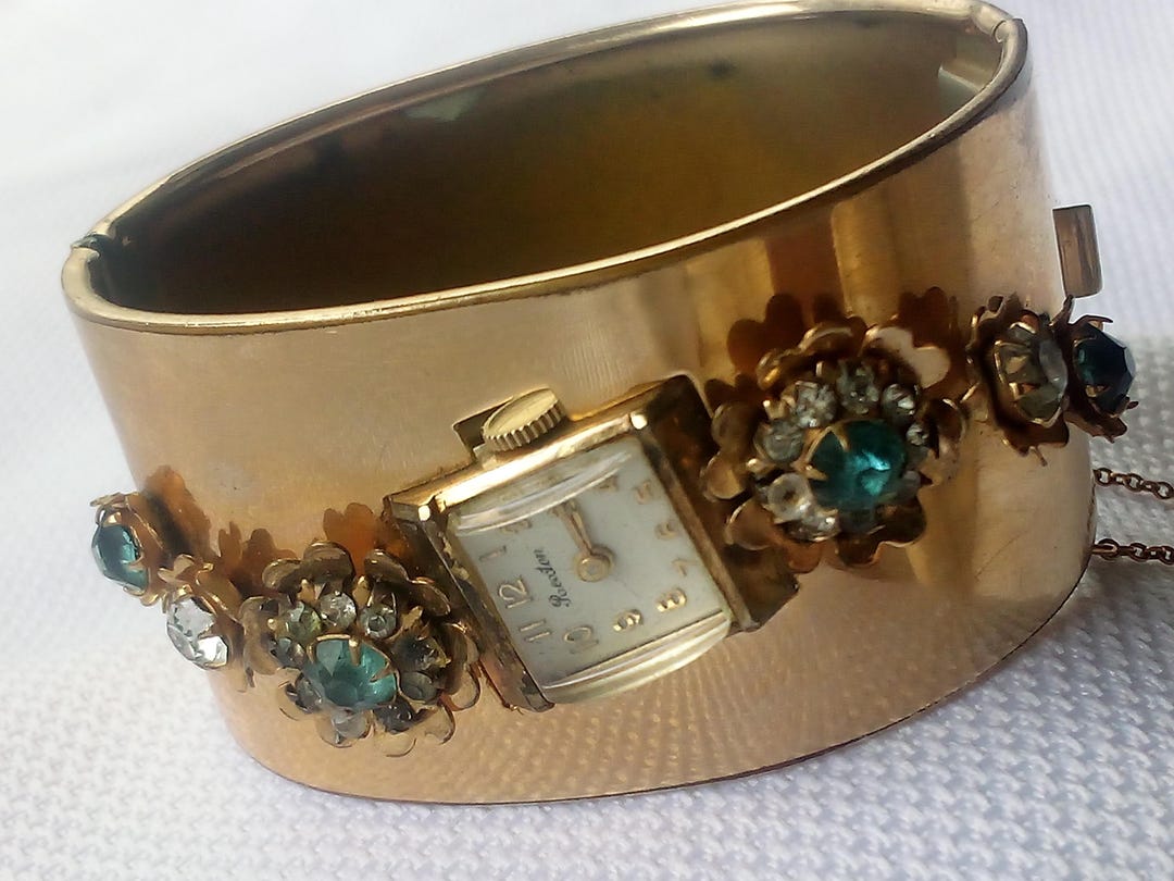 Vintage Ladies Gold Plated Bracelet Cuff Watch Reston Jewelled ...