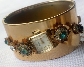 Vintage Ladies Gold Plated Bracelet Cuff Watch Reston Jewelled Rhinestones
