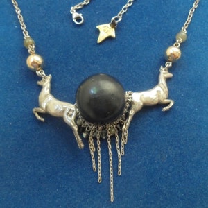 Rare Unusual Vintage 14K Gold & Sterling Silver Black Wood Deer Necklace Black Forest