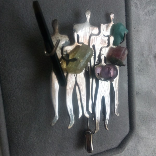 Vintage Irini R Sterling Silver Mod Figural Brooch Stick Pin People Group Gemstones