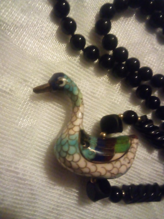 Vintage Cloisonne Duck Pendant Onyx Beaded Neckla… - image 6