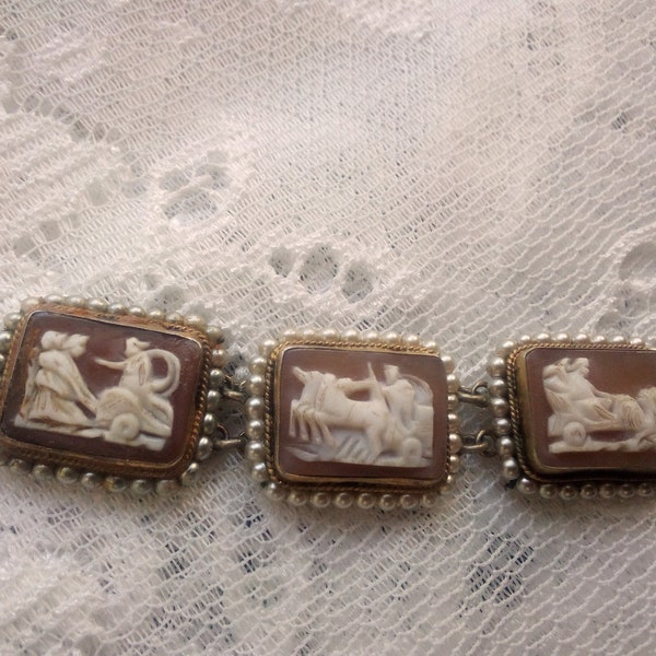 Antique Venetian Cameo 800 Silver Panel 7 Day Week Bracelet Roman Intaglio