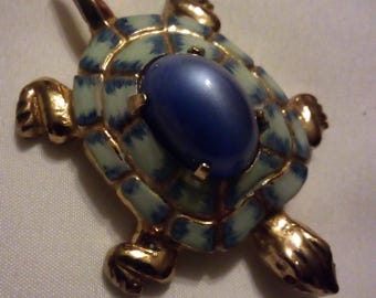 Vintage Signed Coro Blue Moonstone Jelly Belly Enamel Turtle Brooch