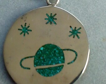 Vintage Planet Saturn 925 Sterling Silver Inlaid Turquoise Mexico Bell 3 Mark Pendant Necklace