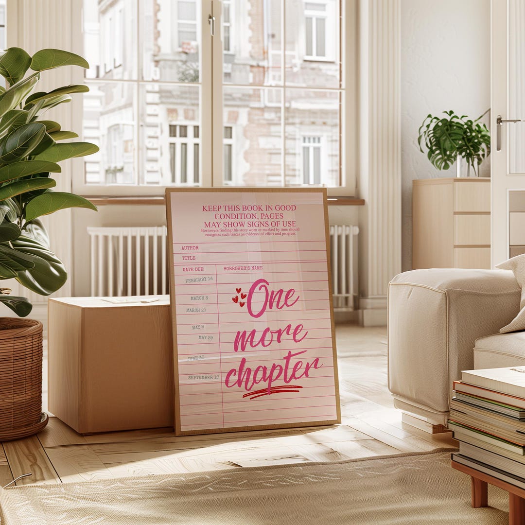 One More Chapter, Pink Library Card Poster, Bookish Trendy Wall Print ...