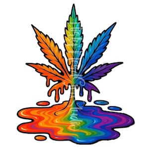 Puede incluir: Ilustración de una hoja de cannabis con un degradado arcoíris. La hoja está dividida en secciones naranja y azul, con efectos de pintura goteando en colores a juego. El diseño está sobre un fondo blanco.
