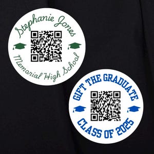 May include: Two white circular stickers with QR codes. One reads "Stephanie Jones Memorial High School" in green script, with green graduation caps. The other says "Gift the Graduate Class of 2025" in blue, with blue graduation caps.