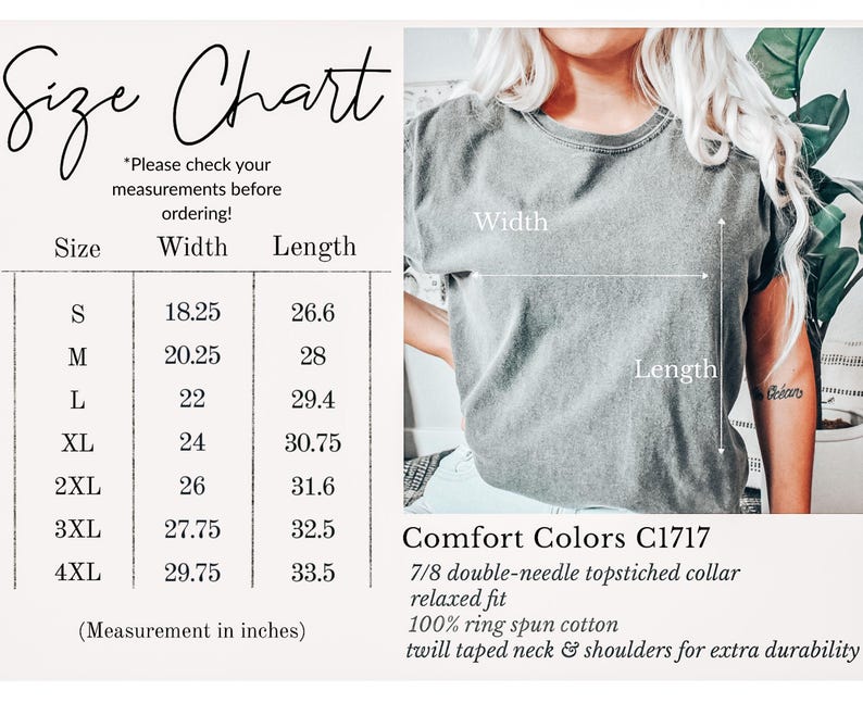 Pode incluir: Tabela de tamanhos para uma camiseta Comfort Colors C1717, com medidas em polegadas. A tabela inclui tamanhos de S a 4XL, com medidas de largura e comprimento. A camisa tem um ajuste relaxado, feita de 100% algod&atilde;o ring-spun.