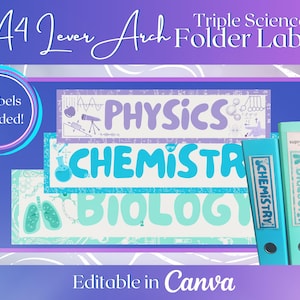 May include: A set of three A4 lever arch folder labels for Physics, Chemistry, and Biology. The labels feature science-themed graphics and text. Three blue, teal, and purple binders are shown with the labels applied. The text reads 3 Labels Included.