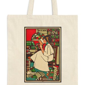 Girl Reading Tote | 1909 Vintage Image on New Cotton Canvas Bag | &quot;Dig&quot; from &quot;Girls Will Be Girls&quot; Poster Series by Sadie Wendell Mitchell