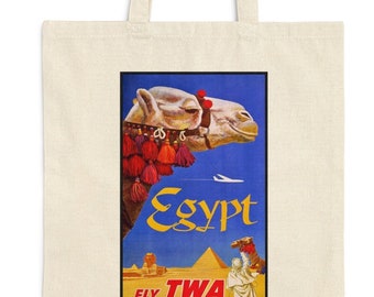 Egypt Tote Bag | 1960s Egypt TWA Travel Poster | Colorful Vintage Image on New Cotton Canvas Tote Bag | Camels Pyramids Sphinx | David Klein