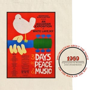 Woodstock Tote Bag | 1969 Woodstock Original Poster | Historical Image on Cotton Canvas Tote Bag | Historical Rock Poster | Arnold Skolnick