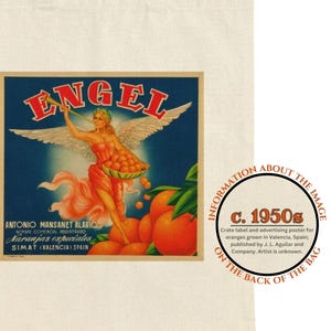 Oranges Tote Bag | 1950s Engel Oranges Angel Crate Label and Advertising Poster | Historical Image on New Cotton Canvas Bag | Valencia Spain