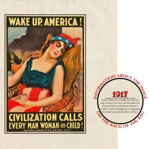 Patriottische draagtas | 1917 Poster Wake Up America | Katoenen draagtas met historische afbeelding | Eerste Wereldoorlog | Sterren en strepen | J Montgomery Flagg