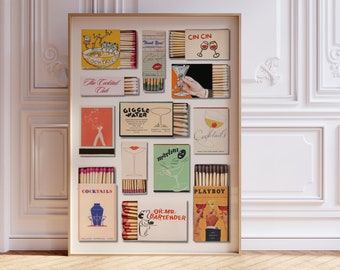 VINTAGE COCKTAIL MATCHBOOK Print, Digital Trendy Matches Poster, Retro Matchbox Wall Art, Unique Aesthetic Apartment, Bar Cart, Gallery Wall