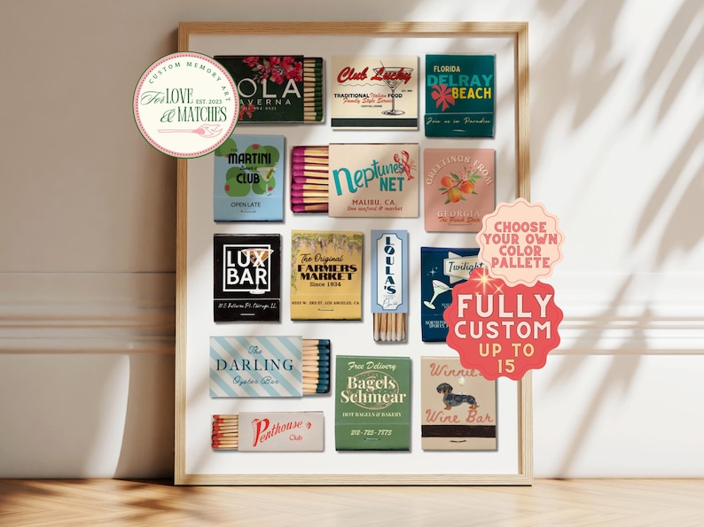 CUSTOM MATCHES | PERSONALIZED Digital Matchbook Gift | Matchbox Print | Unique Large Customized Match Art | Trendy Wall Decor | Anniversary Gift. Unique gift for girlfriend, unique gift for boyfriend, match box art display, trendy wall art, bar cart