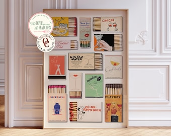 VINTAGE COCKTAIL MATCHBOOK-afdruk, poster digitale trendy lucifers, retro luciferdoosje muurkunst, uniek esthetisch appartement, barwagen, galeriemuur