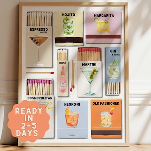 AANGEPASTE COCKTAILWEDSTRIJDEN | Digitale barwagen wanddecoratie | Matchbook-cocktailafdrukken | Matchbox Barafdrukken Wallart | Unieke grote luciferkunst