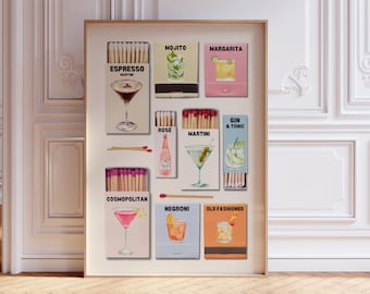 COCKTAIL MATCHBOOK PRINT, Digital Trendy Matches Poster, Retro Matchbox Wall Art, Unique Aesthetic Apartment, Bar Cart Print, Gallery Wall