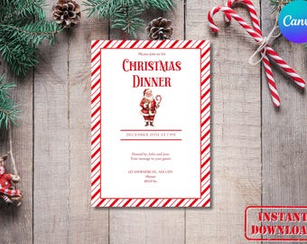 May include: A Christmas Dinner invitation with a red and white striped border. The invitation features the text "Christmas Dinner" and an illustration of Santa Claus. The date and time are also included. The background is a wooden surface.