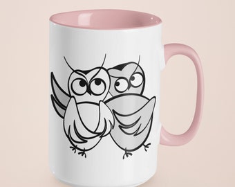 Owl's Moonlit Mischief Two-Tone Coffee Mugs, 15oz, Owl mug, Line Art, Bestie gift