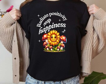 Sunflower, Mushroom Happiness, Radiate Positivity Unisex Jersey T-Shirt, Gift for Her, Cottagecore Retro design