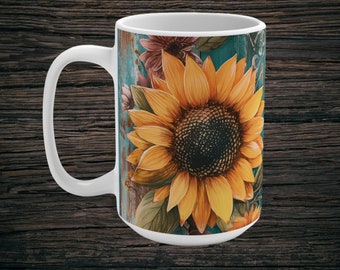 Boho Sunflowers on Blue Wooden Door Mug: Embrace the Vibrant Charm, Rustic Charm