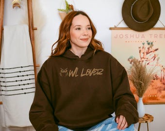 Embroidered Owl Lover Hoodie: Unisex Brown Bird Line Art